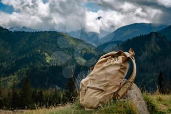 Backpack of free space for your decoration. Summer trip. Tatra National Park Poland