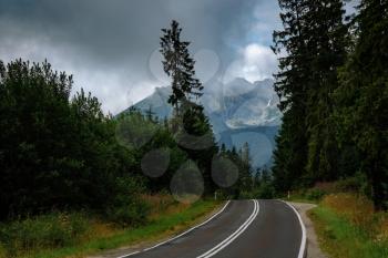 Road to the great mountain in summer. Mountain road to Lysa Polana and Morskie Oko, High Tatra Mountains, Poland