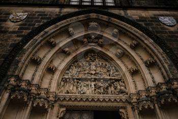 PRAGUE, CZECH REPUBLIC - 11 AUGUST 2019: Door of Church of St. Peter and Paul at Vysehrad castle, Prague, Czech Republic
