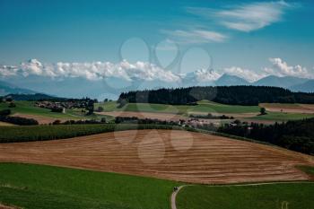Summer view of a beautiful apline village in Switzerland. green field, footpath with wooden fence in Switzerland village.