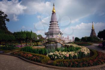 Landscape of pagoda at the Inthanon mountain at sunny day, Chiang Mai, Thailand. Inthanon mountain is the highest mountain in Thailand.