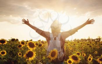 Beautiful young girl enjoying nature on the field of sunflowers. stands and looks at the sunset, the girl raised her hands in the air, beautiful back sunset light.