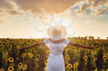 Beautiful young girl enjoying nature on the field of sunflowers. stands and looks at the sunset, the girl raised her hands in the air, beautiful back sunset light.