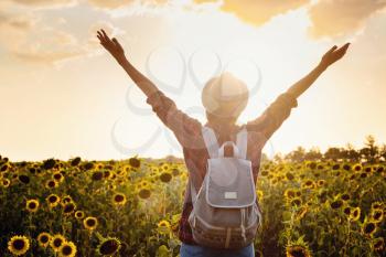 Beautiful young woman enjoying nature on the field of sunflowers. stands back and looks at the sunset, the woman raised her hands in the air, beautiful back sunset light.