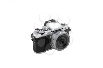 Black and silver SLR or mirrorless camera like retro isolated on a white background. Studio shot for further processing