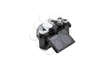 Black and silver SLR or mirrorless camera like retro isolated on a white background. Studio shot for further processing