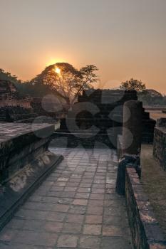 Sukhothai Historical Park, a UNESCO World Heritage Site in Thailand, old chedi ruins, mobile photo over sunset