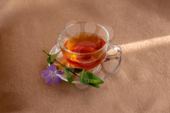 glass cup of tea with a plate by the window with a green youthful twig with a purple flower, the idea and concept of tea drinking, spring, relaxation and natural ingredients