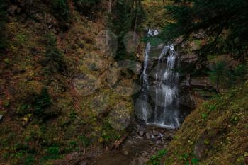 River deep in mountain forest. Nature composition. Mendelich River in the North Caucasus, Rosa Khutor, Russia, Sochi. beautiful cascading waterfall in the autumn forest, fog and rain.