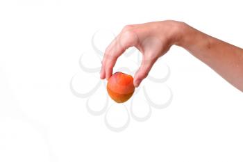 Female hand with tasty apricot on white background. Cream for hands and treatment or organic healthy food idea and concept