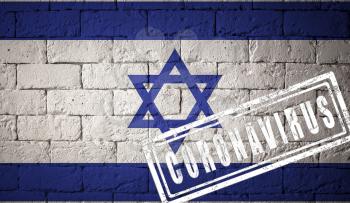 Flag of the Israel with original proportions. stamped of Coronavirus. brick wall texture. Corona virus concept. On the verge of a COVID-19 or 2019-nCoV Pandemic.