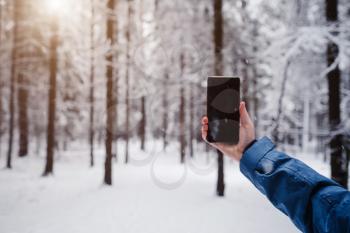 cell phone in a man's hand against a beautiful in the winter snow-covered forest.. winter season