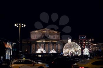 Moscow, Russia, 10 January 2020: Celebration of the New Year and Christmas in the center of Moscow. Elegant decoration of the streets. Bolshoi Theater in Moscow