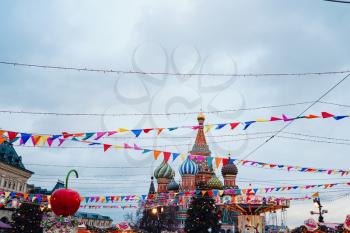 Moscow, Russia, 10 January 2020 : Celebration of the New Year and Christmas on the Red Square in the center of Moscow. Holiday fair and amusement park near the Kremlin.