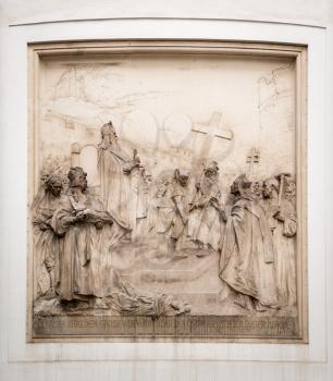 Detail of relief sculpture by R Wehr on St Peters Parish Church in Vienna, Austria