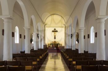 Interior of the oldest Catholic Church founded by Robert Arsenius Walsh on Kauai in Hawaii