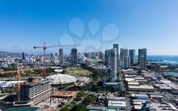 View over Waikiki showing new condos under construction as the city of Honolulu expands on Oahu, Hawaii