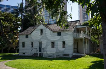 Old frame clapboard building at Mission Houses Museum in Honolulu, Oahu, Hawaii