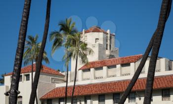 Spanish style architecture of Honolulu Hale or town hall in center of city of Honolulu, Oahu, Hawaii