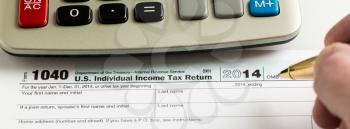 USA tax form 1040 for year 2014 for the IRS with calculator. Sized to fit popular social media cover image placeholder