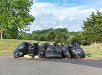 Multiple bags or sacks of rubbish or trash waiting by roadside in rural suburban development during house sale and move