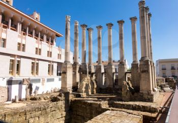 Remains of pillars of old Roman Temple in center of Cordoba, Andalucia, Spain
