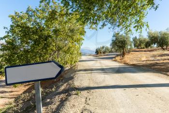 Blank road sign by side of dry dusty road with olive trees and mountains in the distance