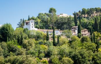 Gardens of Generalife Palace in Alhambra in ancient city of Granada in Andalucia, Spain, Europe