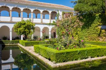 Martyrs Villa and gardens of Generalife Palace in Alhambra in ancient city of Granada in Andalucia, Spain, Europe