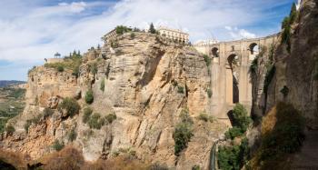 High definition panorama of Puenta Nuevo and old town building over El Tajo gorge at Ronda, Andalucia, Spain