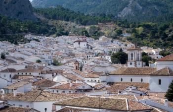 White painted homes and tiled roof of famous hill town of Grazalema in Andalucia in Southern Spain