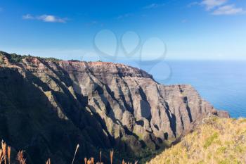 Awa`awapuhi trail from Koke'e State Park to Na Pali coast ends at Nualolo Valley overlooking Pacific ocean in Kauai, Hawaii, USA
