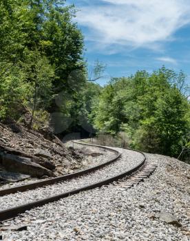 Durbin and Greenbrier Valley Railroad track winds through forest on the train trip from Elkins WV