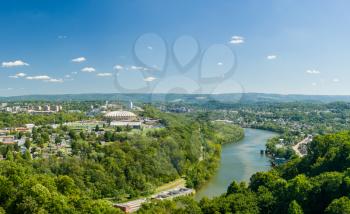 Panorama of WVU Coliseum Arena and campus of West Virginia University with river Monongahela in Morgantown, West Virginia