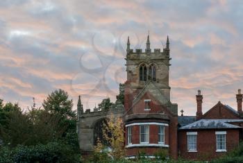 Church tower of parish church in Ellesmere Shropshire in England at sunset
