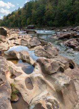 View of smoothed boulders in the rapids of Cheat River in canyon downstream of Albright