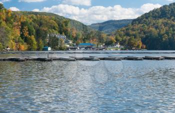 Empty boat docks in marina on Cheat Lake near Morgantown, West Virginia
