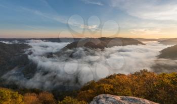 Panorama of New River at Grand View in New River Gorge National park at sunrise in West Virginia