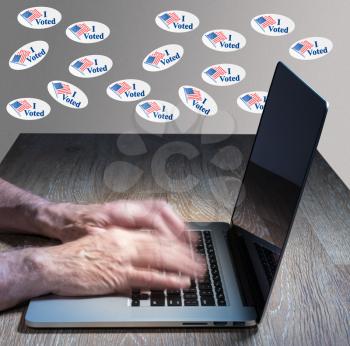 Multiple I Voted stickers with USA flag on wall above desk of computer hacker illustrating potential voter fraud with illegal votes and need for recount