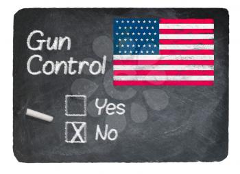 Gun Control voting choice message written on a chalky natural slate blackboard with no checkbox filled and chalk