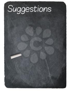 Suggestions text message written in chalk on a chalky natural slate blackboard isolated against white background with copy space