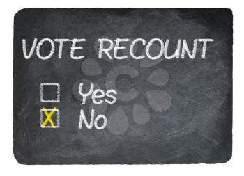 Election Vote recount choice of No written in chalk on a chalky natural slate blackboard isolated against white background with copy space