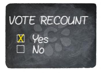 Election Vote recount choice of Yes written in chalk on a chalky natural slate blackboard isolated against white background with copy space
