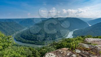 Panorama of New River at main overlook at Grand View in New River Gorge National park in West Virginia