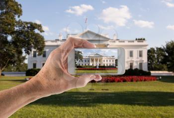 Snapshot on smartphone of the Main entrance of White House at 1600 Pennsylvania Avenue Washington DC for inauguration day