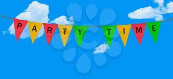 High resolution isolated colored sack cloth pennants with the letters embossed on each to create pennant flag message of Party Time in the sky