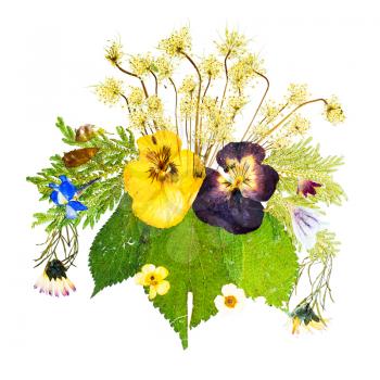 Beautiful artistic arrangement of pressed dried flowers isolated against a white background