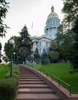 Steps up to entrance of the State Capitol in Denver Colorado shortly after sunrise