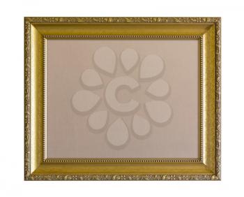 Cloth based pinboard or notice board inside a gold painted ornate picture frame isolated against white background