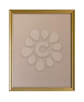Cloth based pinboard or notice board inside a gold painted ornate picture frame isolated against white background
